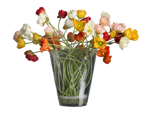 Faux flower arrangement in clear glass stand